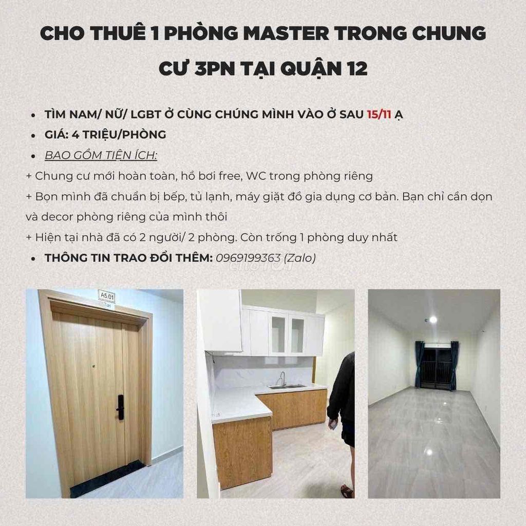 CẦN CHO THUÊ 1PN MASTER TRONG CHUNG CƯ 3PN NHƯ HÌNH